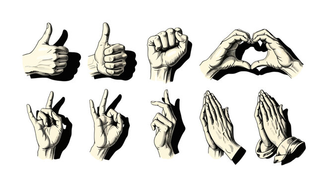 Vintage hand gestures vector set, engraved style human hands showing thumbs up and heart signs, retro woodcut illustration of praying hands and fist