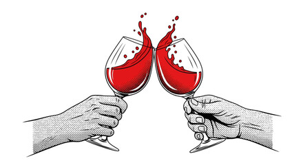Fototapeta premium Vintage engraving of hands clinking red wine glasses, retro woodcut style toast with wine splash, hand drawn celebration vector illustration