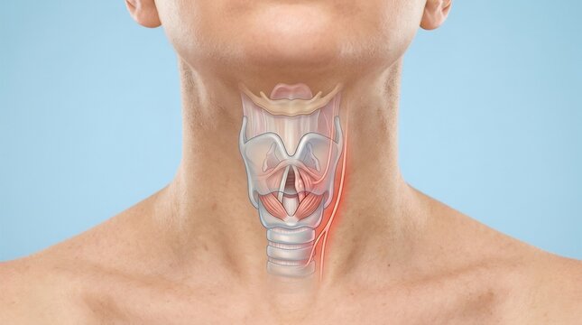 Human throat anatomy illustration showing larynx, trachea, and vocal cords with highlighted inflammation area
