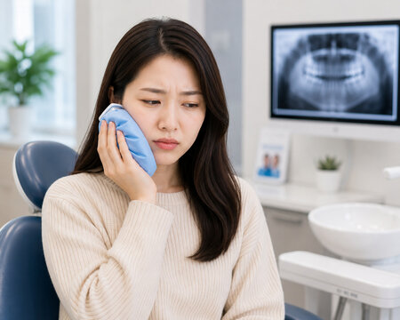 Young Woman Applying Ice Pack After Wisdom Tooth Extraction