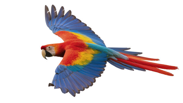 Scarlet Macaw parrot flying with vibrant blue yellow, and red feathers