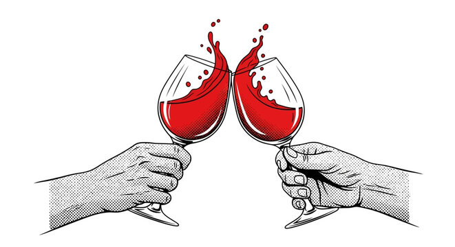 Vintage engraving of hands clinking red wine glasses, retro woodcut style toast with wine splash, hand drawn celebration vector illustration