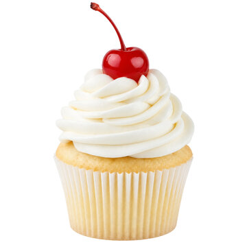 Delicious vanilla cupcake with creamy frosting and a bright red cherry on top