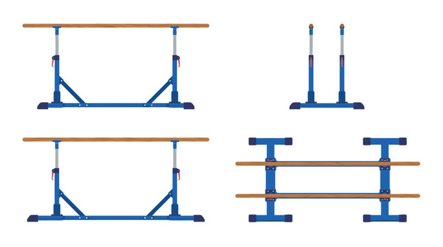 Parallel bars gymnastics sports equipment with front side rear and top views vector illustration