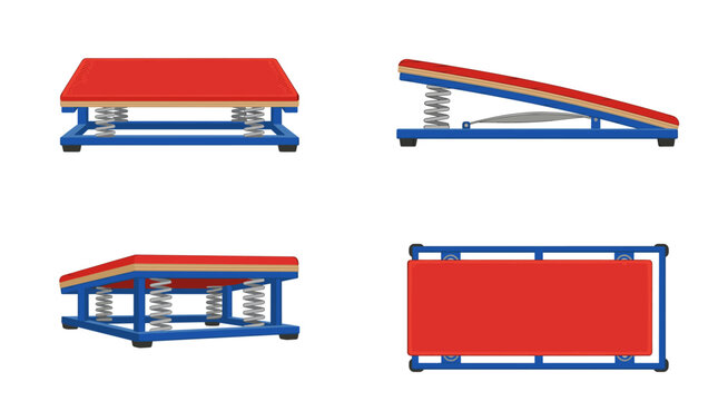 Gymnastics springboard sports equipment with front side rear and top views vector illustration