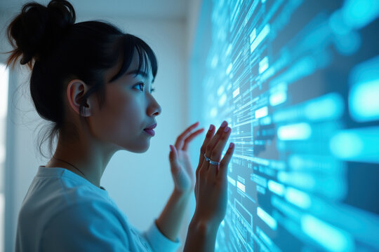 Asian Woman Interacting with Futuristic Digital Screen Display Technology