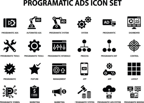 Set of black silhouette icons representing programmatic advertising marketing systems and automated digital business management tools