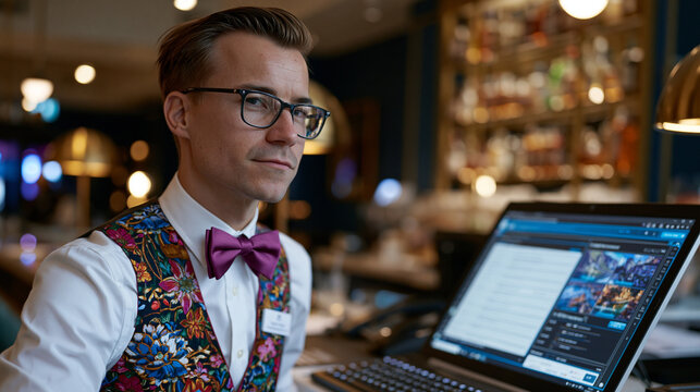 A hotel concierge reviewing an AI traveltech recommendation engine that cross-references a guest's past booking data allergies and cultural preferences to suggest curated local experiences on a slee