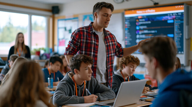 A high school digital literacy class where a teacher projects a real-time social media toxicity detection demo on the board while students take notes and a school counselor observes from the back of