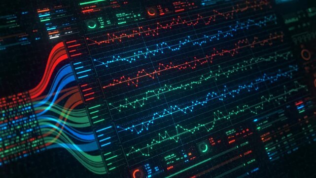 Financial AI Data Analytics Interface Dashboard Animation, Big Data Processing Visualization. Finance Statistical Charts, Infographic Flow Diagram, Business Intelligence Technology UI Background