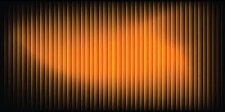Abstract black and orange geometric background with vertical parallel stripe bars and fluid wavy gradient lighting effect for presentation banner.
