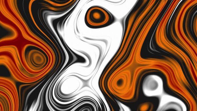 Abstract liquid marble texture with flowing orange, white and black colors. Swirling paint pattern for luxury background