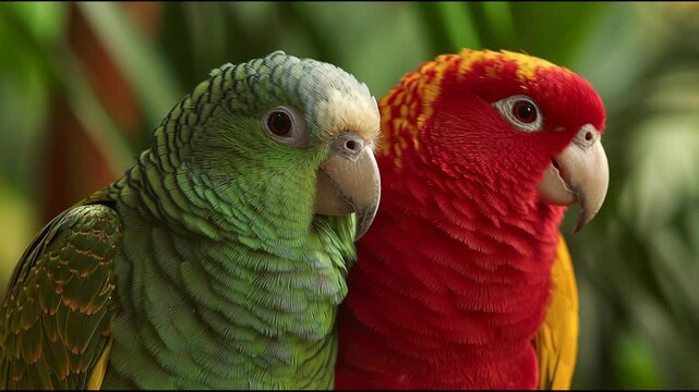 Two Colorful Parrots Perched Together in a Tropical Setting.