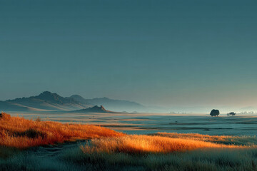 Obraz premium Golden prairie sunrise over vast open plains with distant mountains