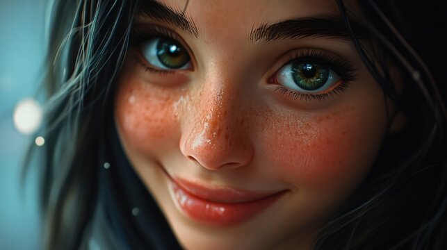 closeup portrait of a freckled girl with green eyes