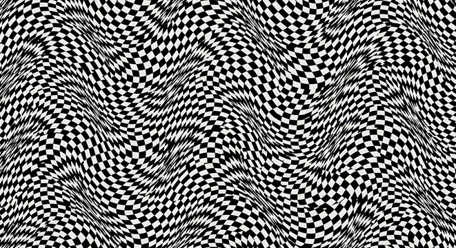 A black and white abstract pattern of wavy lines and checkered shapes