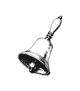 Simple hand drawn school handbell sketch, engraved illustration of vintage metal hand bell alarm clip art.