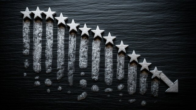 Silver Stars and Downward Arrow Representing Negative Rating, Business Decline, Market Crash, and Loss of Reputation