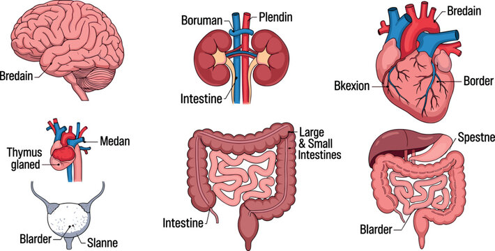 Human Organs Illustration Featuring Anatomical and Decorative Scenes in Vector Artwork