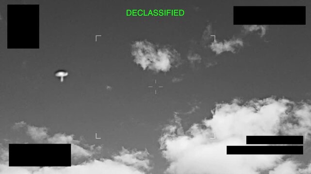 Black and white military looking footage proof of UFO alien aircraft sighting. Declassified official-looking video evidence captured by drone or spy army surveillance equipment of unidentified object