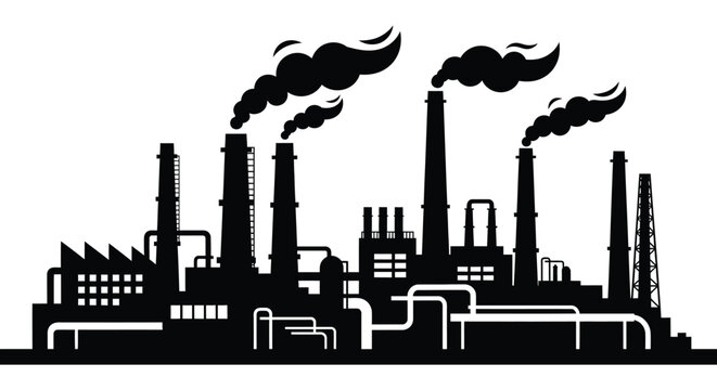Industrial factory complex with smokestacks and pollution black and white silhouette