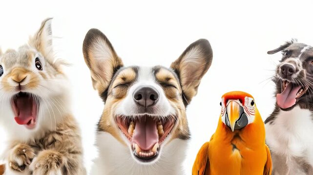 This delightful collection of cheerful pets showcases the playful nature of dogs, adorable rabbits, and colorful parrots, illustrating the pure joy and companionship between animals and humans