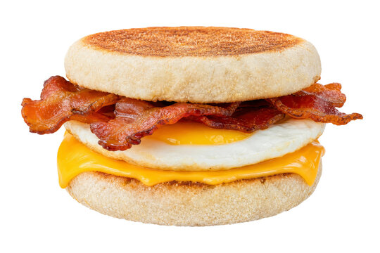 Delicious breakfast sandwich with bacon, egg, and melted cheese on an English muffin