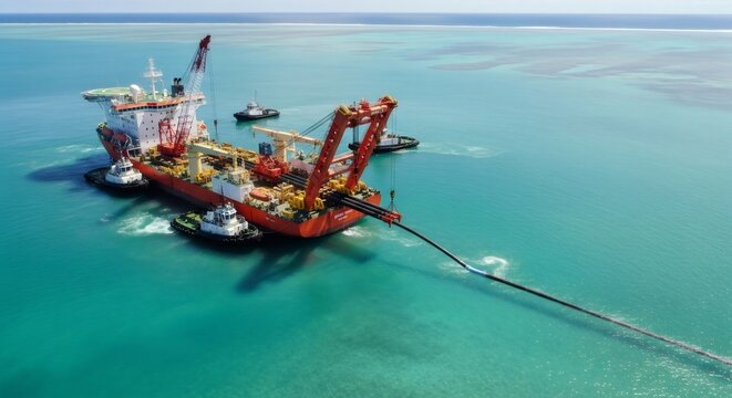 Large construction vessel laying underwater pipeline. Offshore gas and oil pipeline installation. Global energy infrastructure and marine engineering.