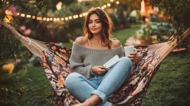woman relaxing in hammock with coffee and book