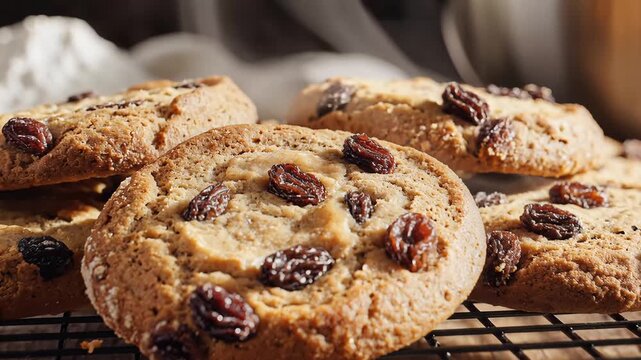 Close up of freshly baked chocolate chip cookies on a cooling rack with scattered flour and mixing bowl in background