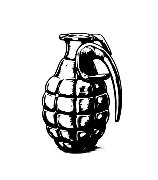 Simple hand drawn grenate military weapon sketch, engraved explosive bomb illustration clip art.
