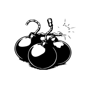 Simple hand drawn explosive bomb sketch clip art, engraved grenade dynamite with fuse hazard illustration.