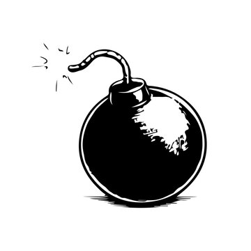 Simple hand drawn explosive bomb sketch clip art, engraved grenade dynamite with fuse hazard illustration.