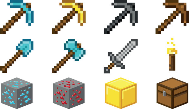 8-Bit Pixel Art Video Game Crafting Tools Vector Icon Set Featuring Diamond Gold Iron Wood Pickaxes Shovel Battleaxe Sword Torch Ore Blocks And Chest Illustration