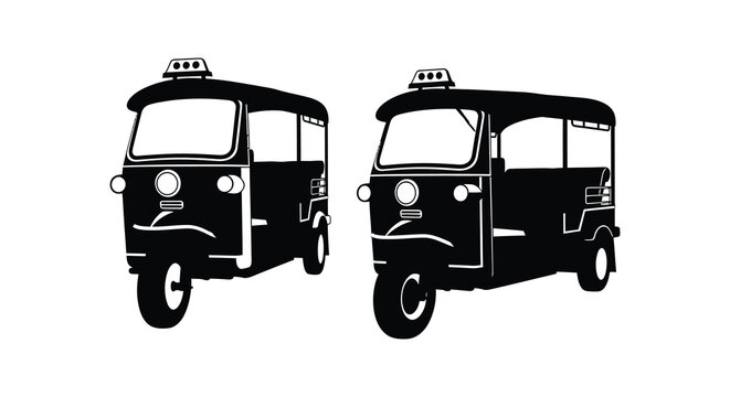 Two black silhouette illustrations of a traditional indian auto rickshaw side and front views silhouette