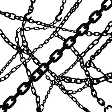 Abstract tangled chain vector with overlapping black links of varying thickness on white background symbolizing confinement and strength