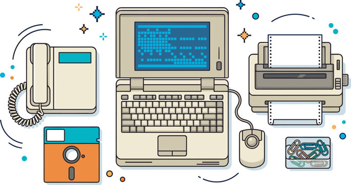 Retro vintage workspace collection with old portable laptop computer dot matrix printer floppy disk telephone and office supplies vector illustration on white background