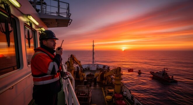 Man onboard an offshore vessel during sunset. Marine engineer communicates through a walkie-talkie. Oil and gas pipeline construction, ocean exploration.