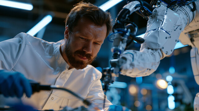 Robotics lab technician performing a slow welding motion beside an articulated robotic arm that mimics each movement in synchronized delay, learning-from-demonstration machine learning session recor