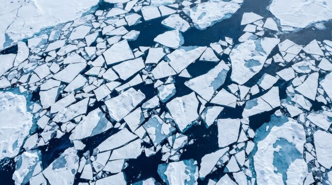 Close-up of cracked and melting sea ice in polar region with deep blue water visible