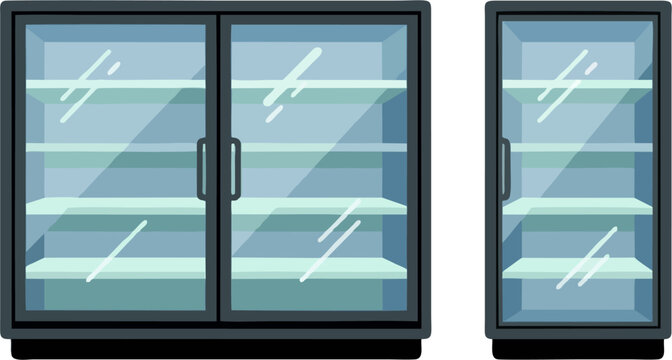 Set of Commercial Refrigerator Display Case with Glass Door and Empty Shelves Single and Double Door Supermarket Cooler Flat Design Vector Illustration