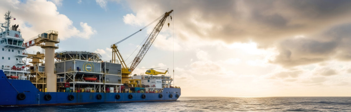 Offshore supply vessel with a crane and helicopter deck in the sea, reflecting oil and gas industry for underwater pipeline installation and repair.