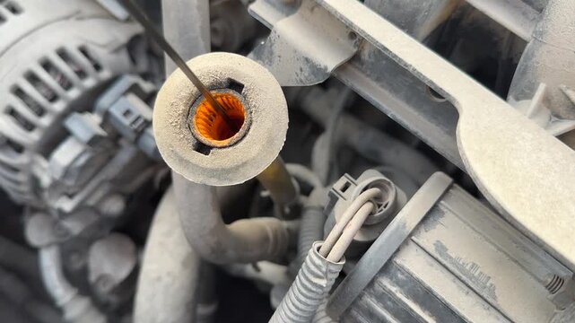 Car engine oil dipstick is inserted into the filler tube during routine maintenance, fluid level inspection, automotive service, mechanical care.