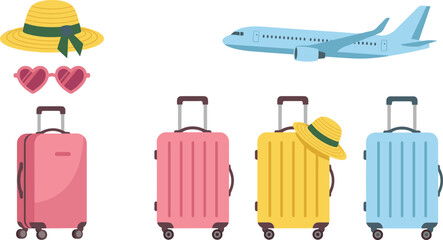 Vector illustration of colorful suitcases, travel accessories, and airplane representing vacation, holiday, and journey themes © Sheikh