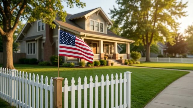 Patriotic us garden house front yard white fence american flag summer sunlight peaceful suburb neighborhood pride. 4th july independence. american flag backyard community, peaceful freedom democracy