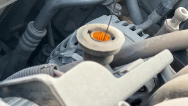 Oil dipstick is removed and returned to the tube in a car engine bay, fluid level checking, vehicle maintenance, automotive repair, engine inspection.