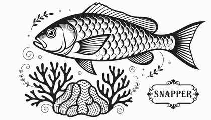 Very beautiful black-and-white engraved vector illustration featuring SNAPPER above coral formations, detailed scales, elegant tropical marine linework, and decorative label reading "SNAPPER", isolate © williamnoah