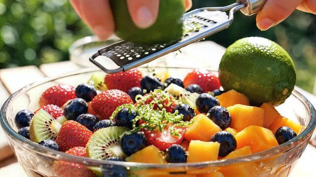 Fresh fruit salad preparation zesting citrus over colorful berries and diced melon outdoors natural light