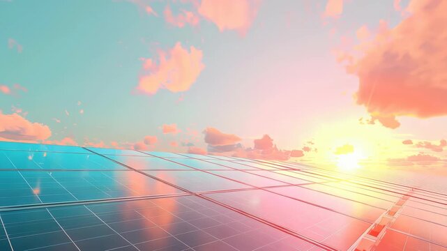 Rows of solar panels bask in the glow of a sunset, with the sky painted in hues of orange, pink, and teal. The futuristic design represents clean, sustainable energy solutions for a brighter future.