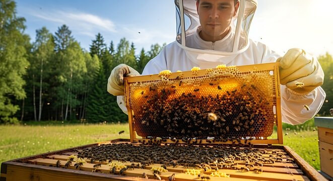 A beekeeper in protective clothing examines a honeycomb frame outdoors